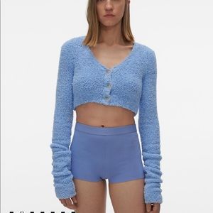 Helmet Lang Crop Blue Fuzzy Cardigan